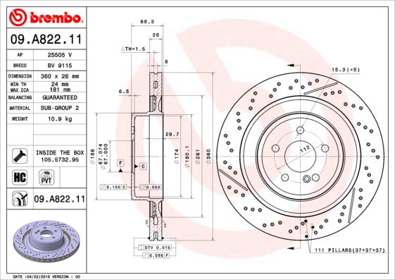 BREMBO Hátsó féktárcsa 09.A822.11_BREMBO