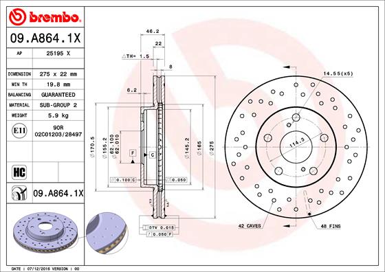 BREMBO Féktárcsa, mind 09.A864.1X_BREMBO