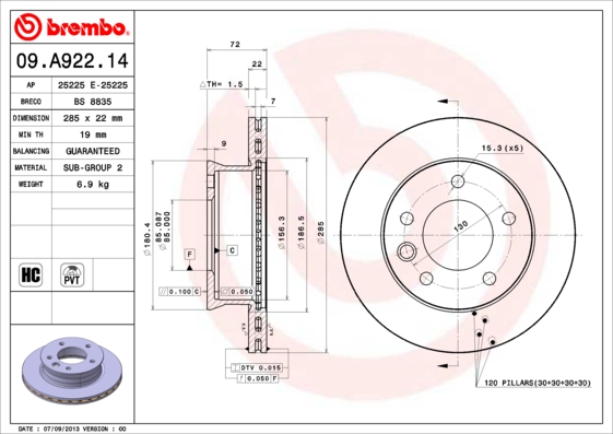 BREMBO Első féktárcsa 09.A922.14_BREMBO