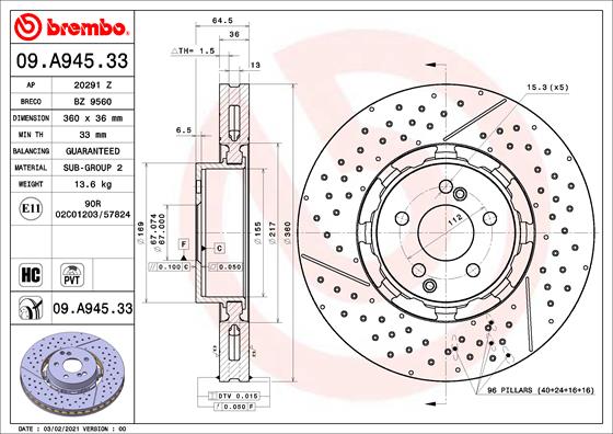 BREMBO Féktárcsa, mind 09.A945.33_BREMBO