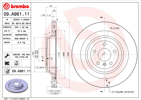 BREMBO Hátsó féktárcsa 09.A961.11_BREMBO