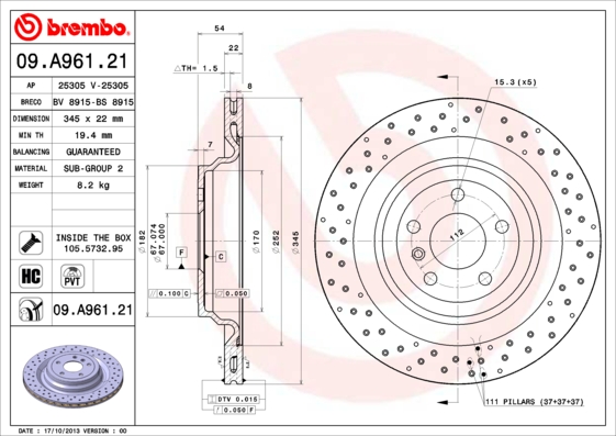 BREMBO Hátsó féktárcsa 09.A961.21_BREMBO