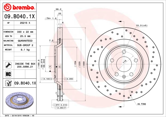 BREMBO Hátsó féktárcsa 09.B040.1X_BREMBO