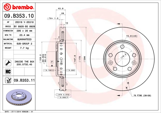 BREMBO Féktárcsa, mind 09.B353.11_BREMBO