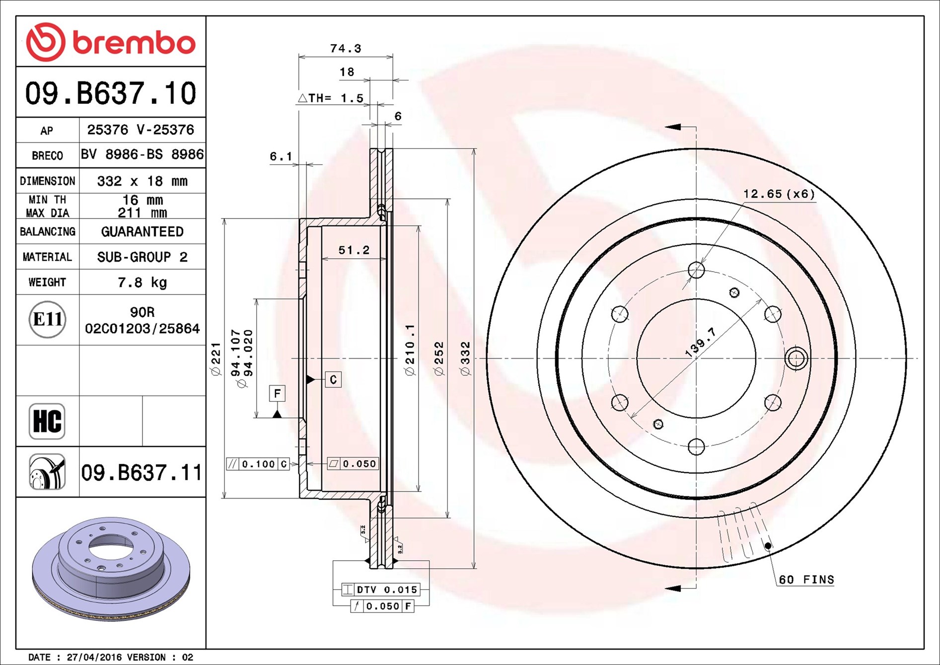 BREMBO Hátsó féktárcsa 09.B637.11_BREMBO