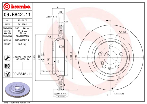 BREMBO Hátsó féktárcsa 09.B842.11_BREMBO