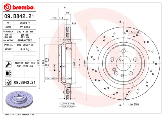 BREMBO Hátsó féktárcsa 09.B842.21_BREMBO