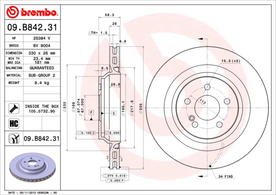 BREMBO Hátsó féktárcsa 09.B842.31_BREMBO