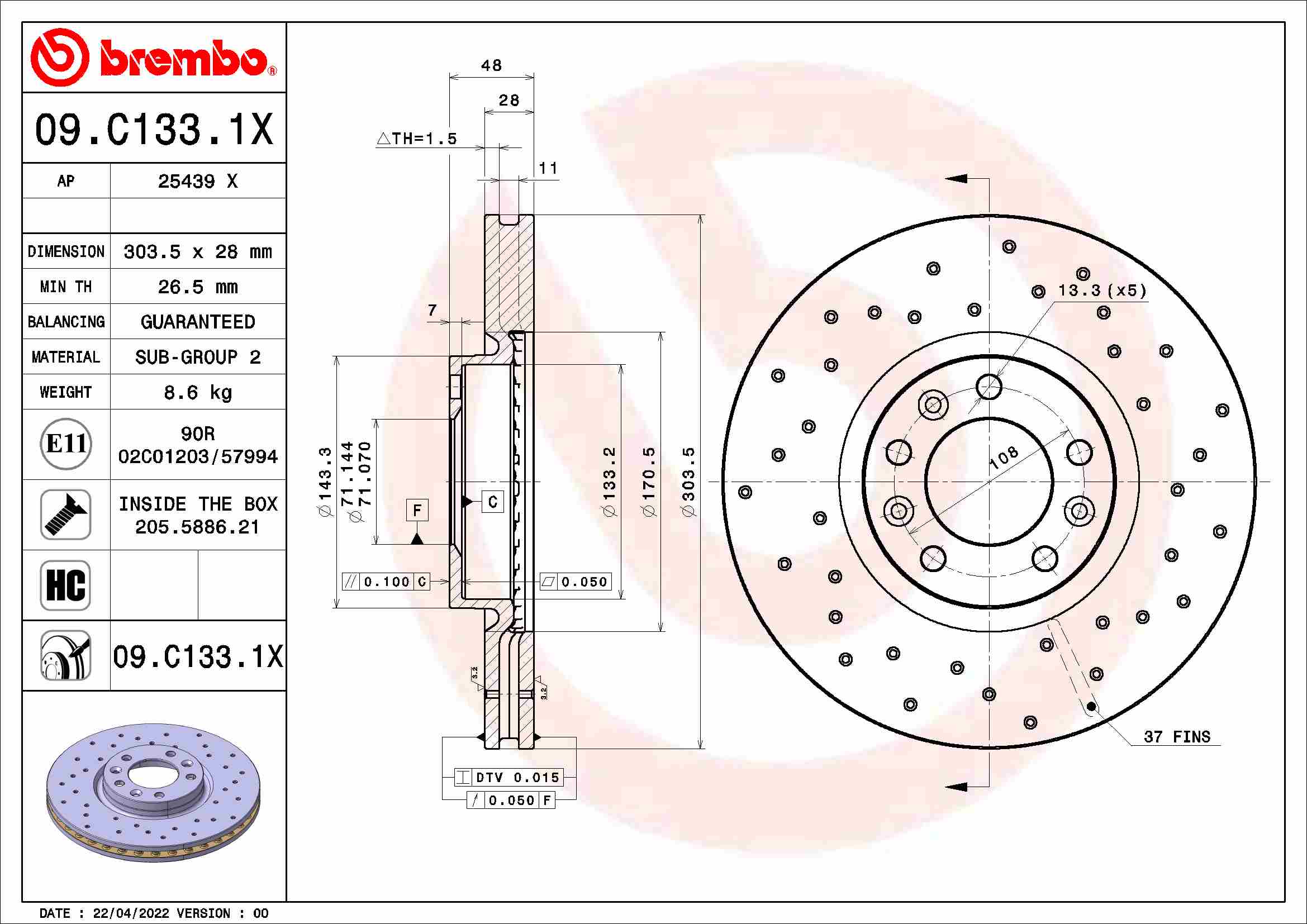 BREMBO Féktárcsa, mind 09.C133.1X_BREMBO