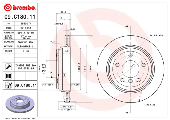 BREMBO 09.C180.11_BREMBO Féktárcsa, mind