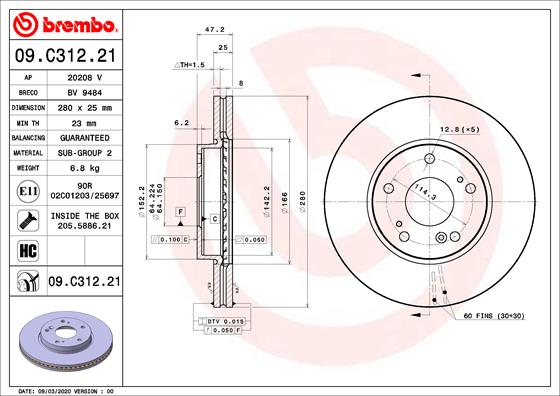 BREMBO Féktárcsa, mind 09.C312.21_BREMBO