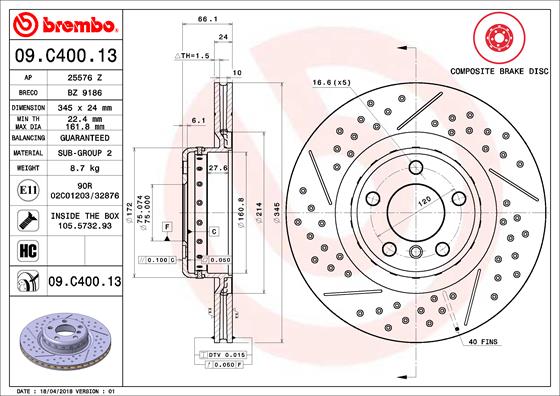 BREMBO Hátsó féktárcsa 09.C400.13_BREMBO