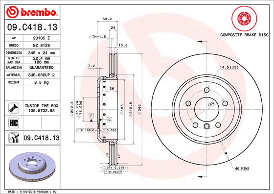 BREMBO Hátsó féktárcsa 09.C418.13_BREMBO