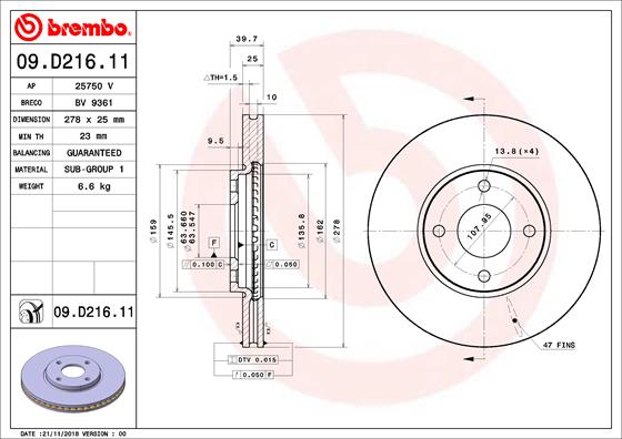 BREMBO Féktárcsa, mind 09.D216.11_BREMBO