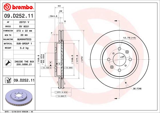 BREMBO Féktárcsa, mind 09.D252.11_BREMBO