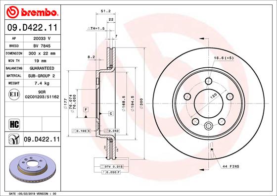 BREMBO Hátsó féktárcsa 09.D422.11_BREMBO