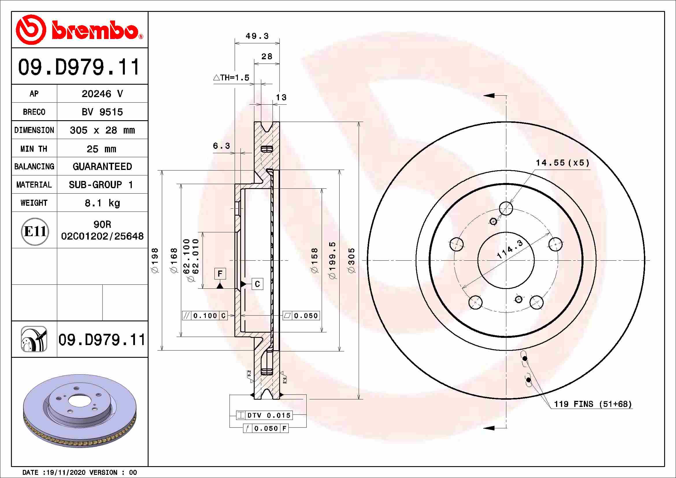 BREMBO Féktárcsa, mind 09.D979.11_BREMBO