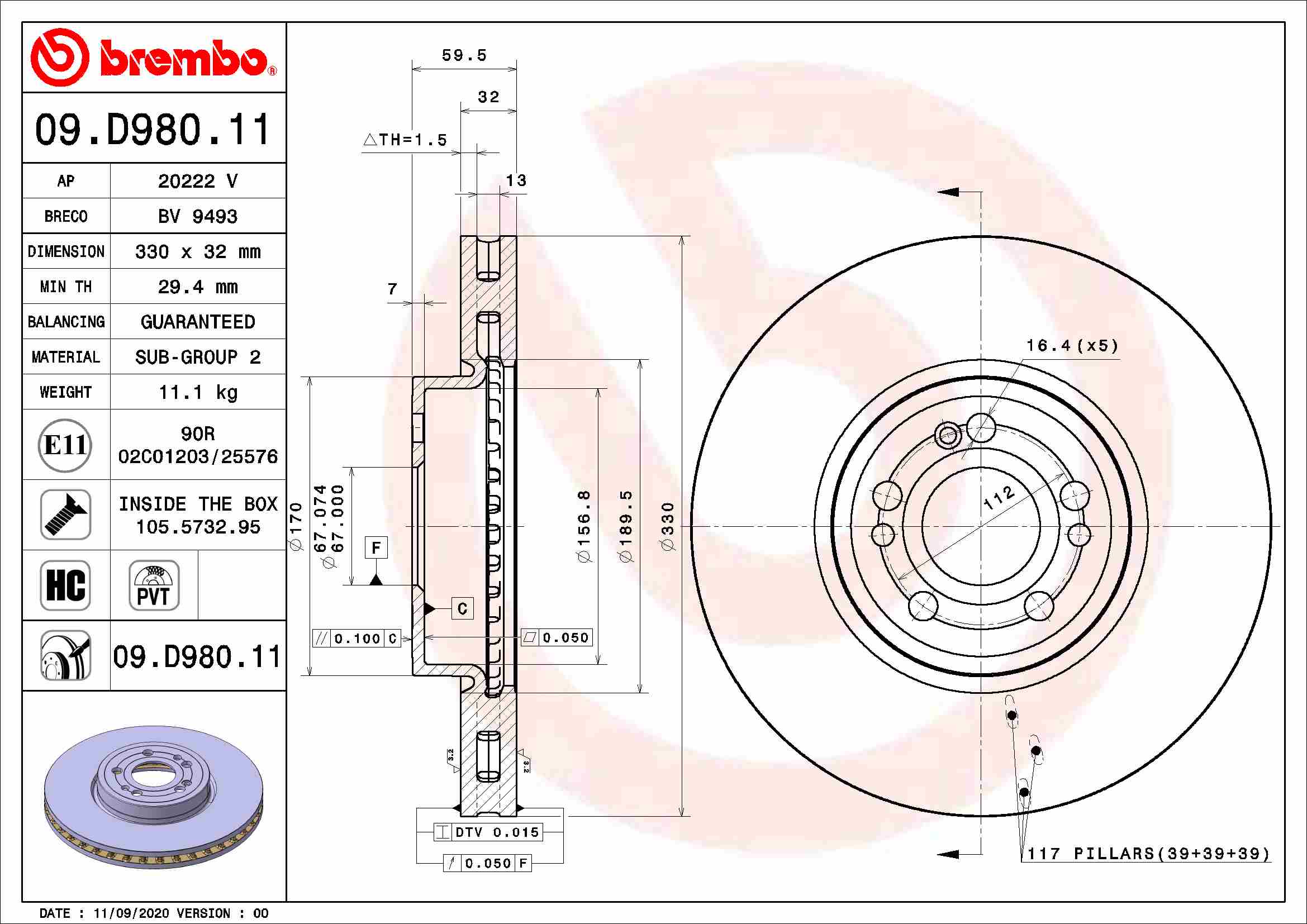 BREMBO Féktárcsa, mind 09.D980.11_BREMBO