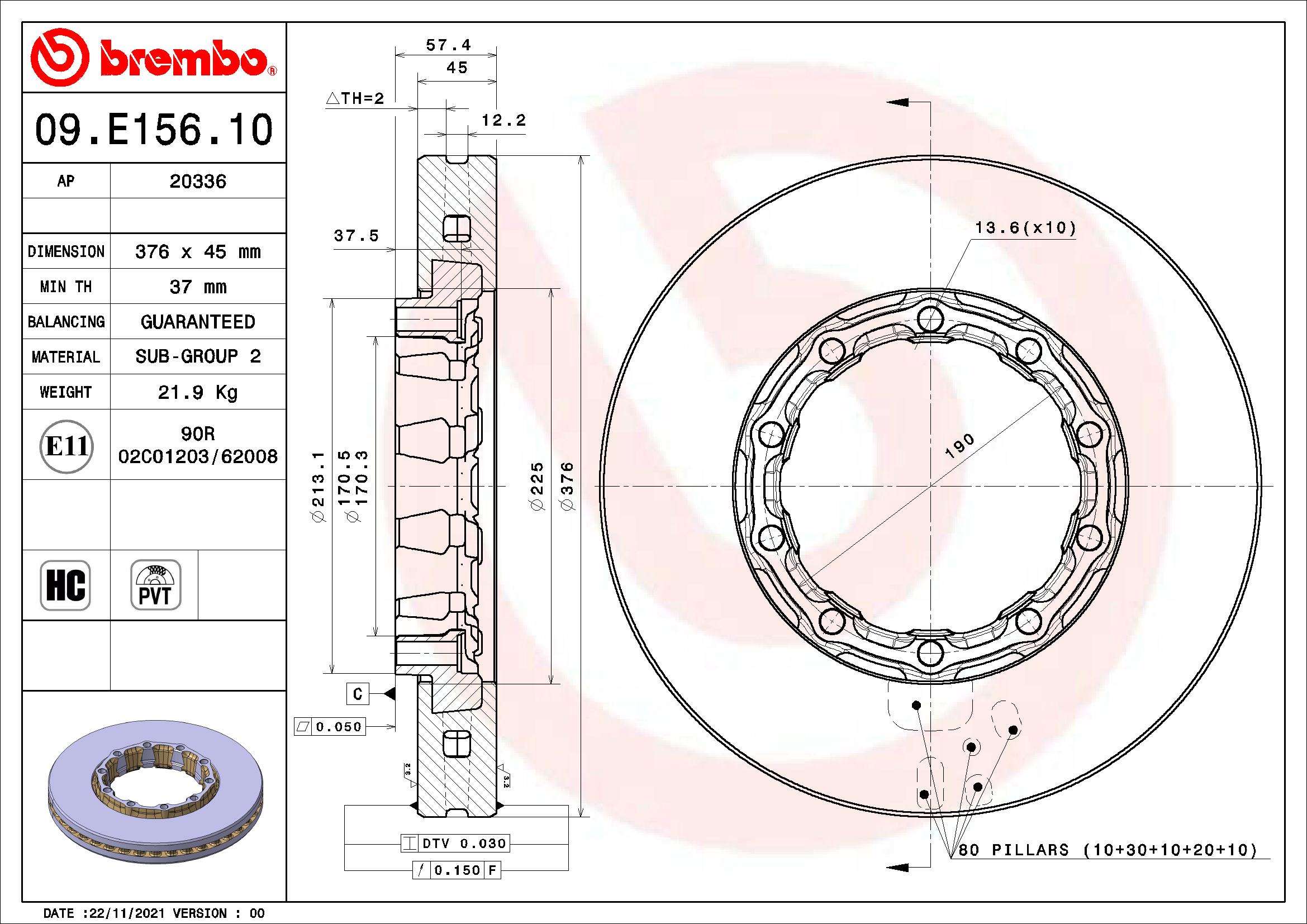 BREMBO Féktárcsa, mind 09.E156.10_BREMBO