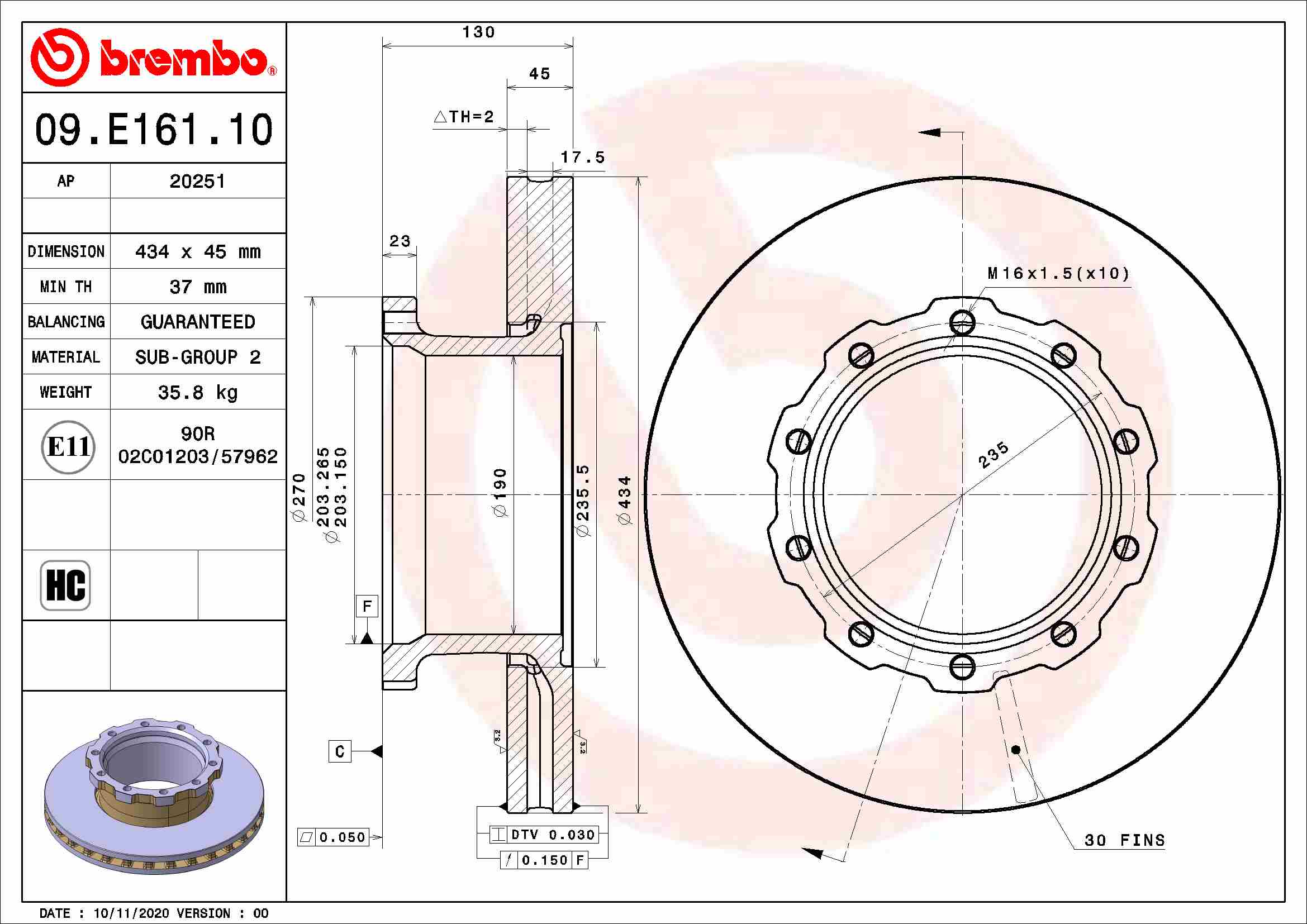 BREMBO Féktárcsa, mind 09.E161.10_BREMBO