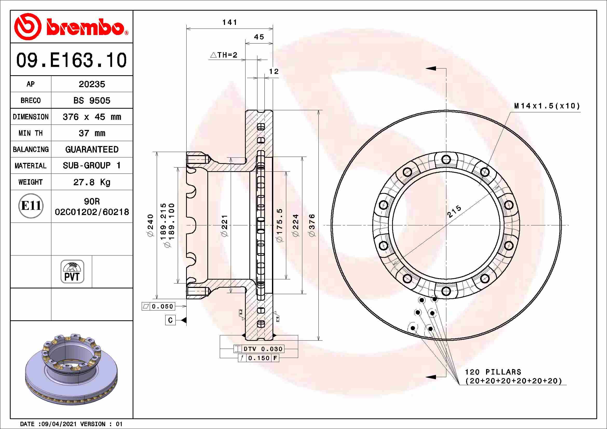 BREMBO Féktárcsa, mind 09.E163.10_BREMBO