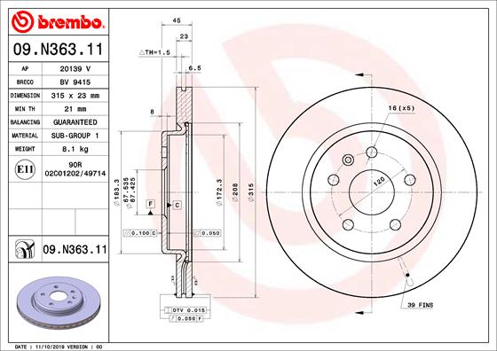 BREMBO Féktárcsa, mind 09.N363.11_BREMBO