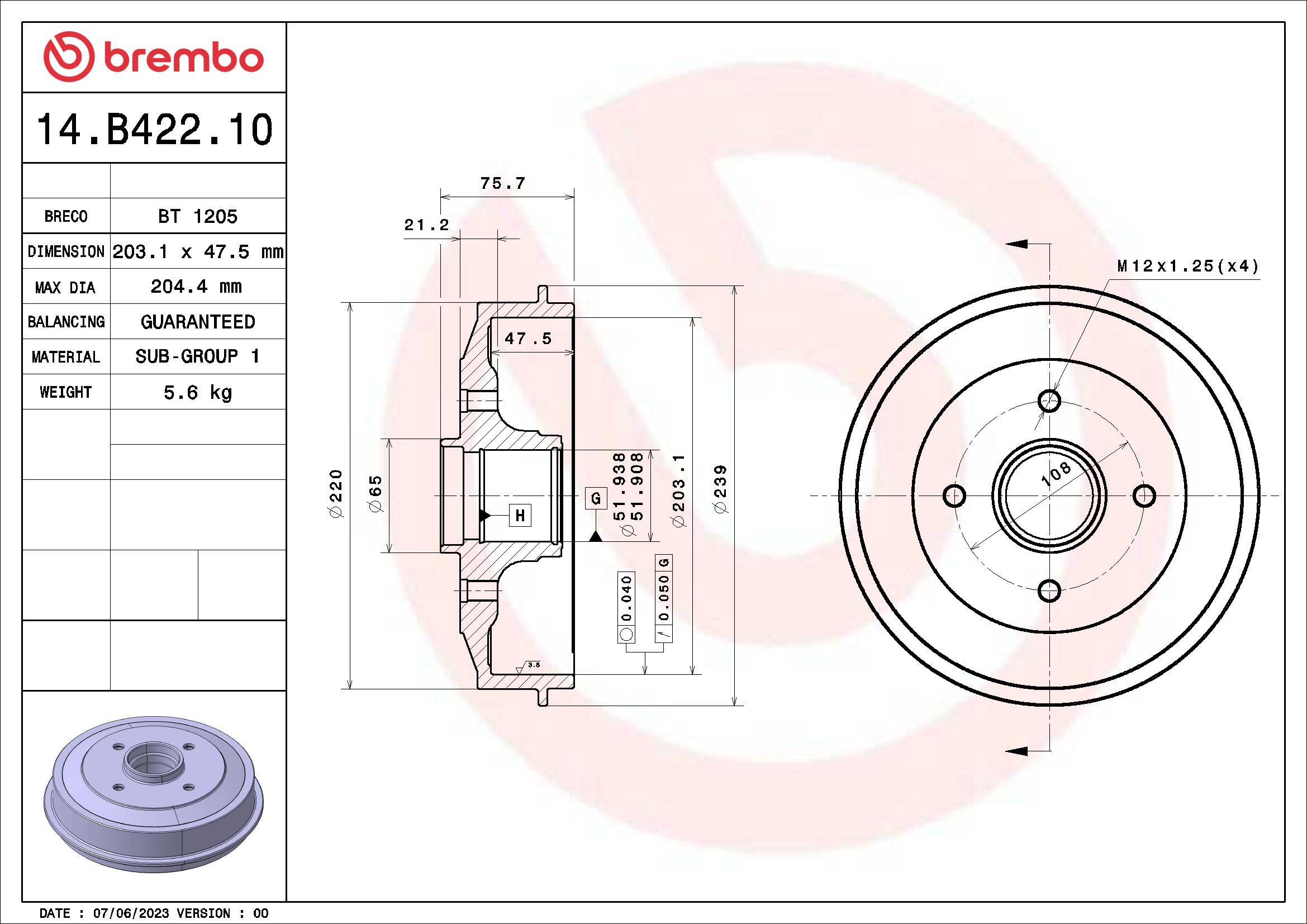 BREMBO Fékdob 14.B422.10_BREMBO