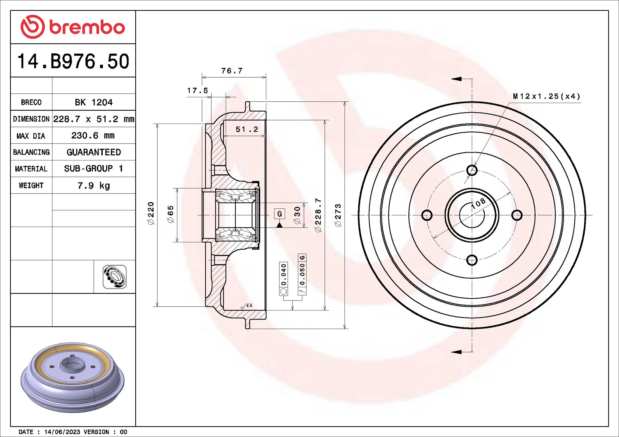 BREMBO Fékdob 14.B976.50_BREMBO