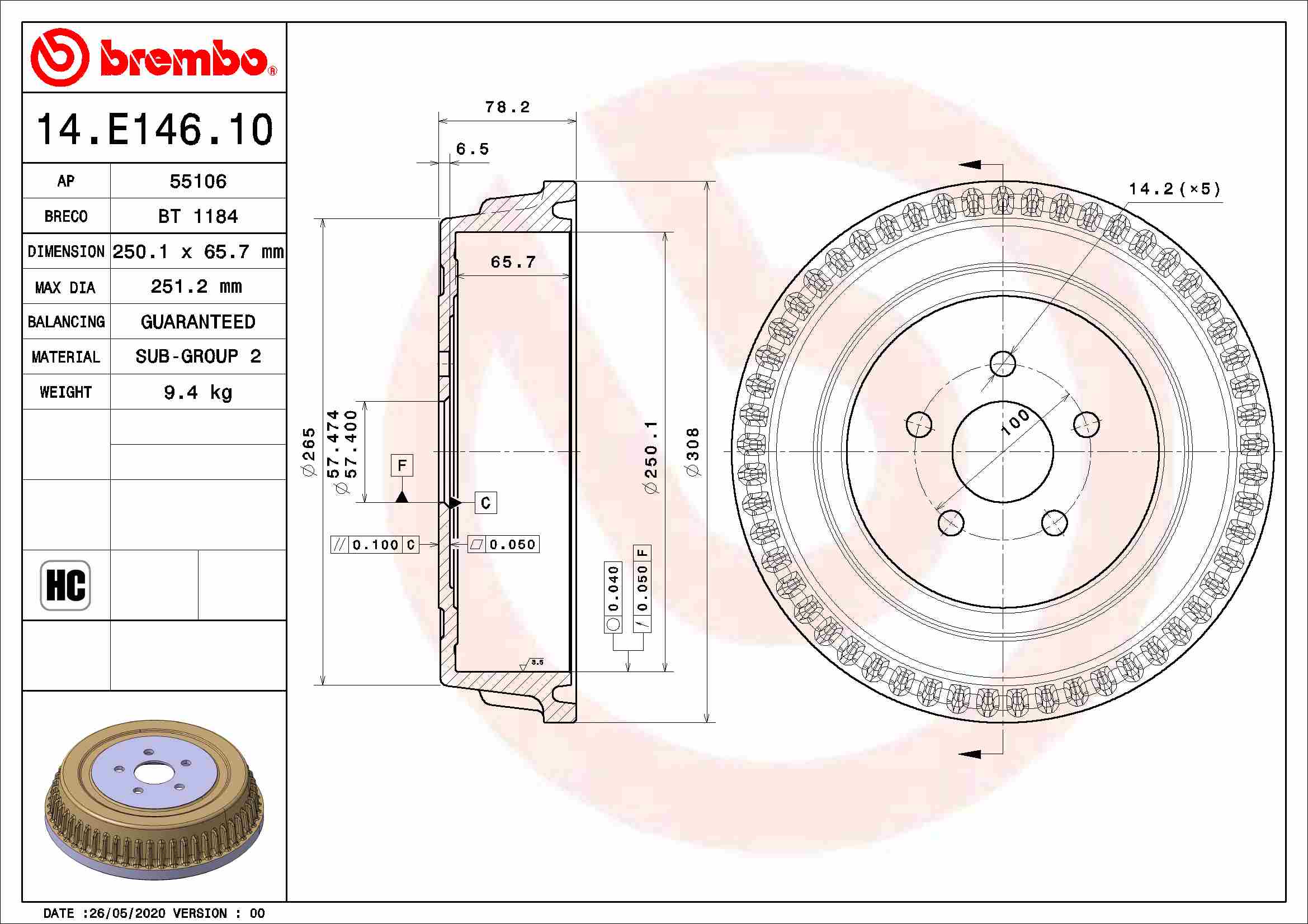 BREMBO Fékdob 14.E146.10_BREMBO