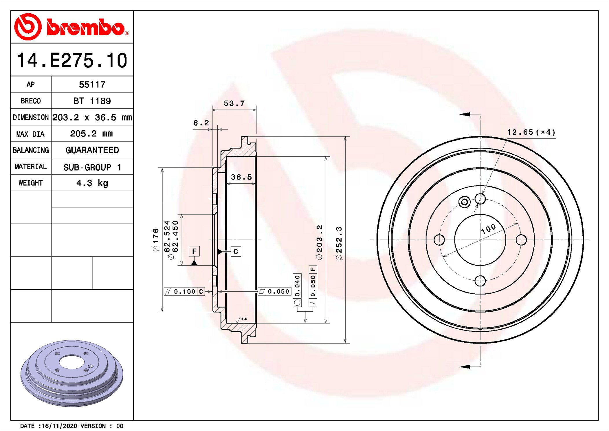 BREMBO Fékdob 14.E275.10_BREMBO