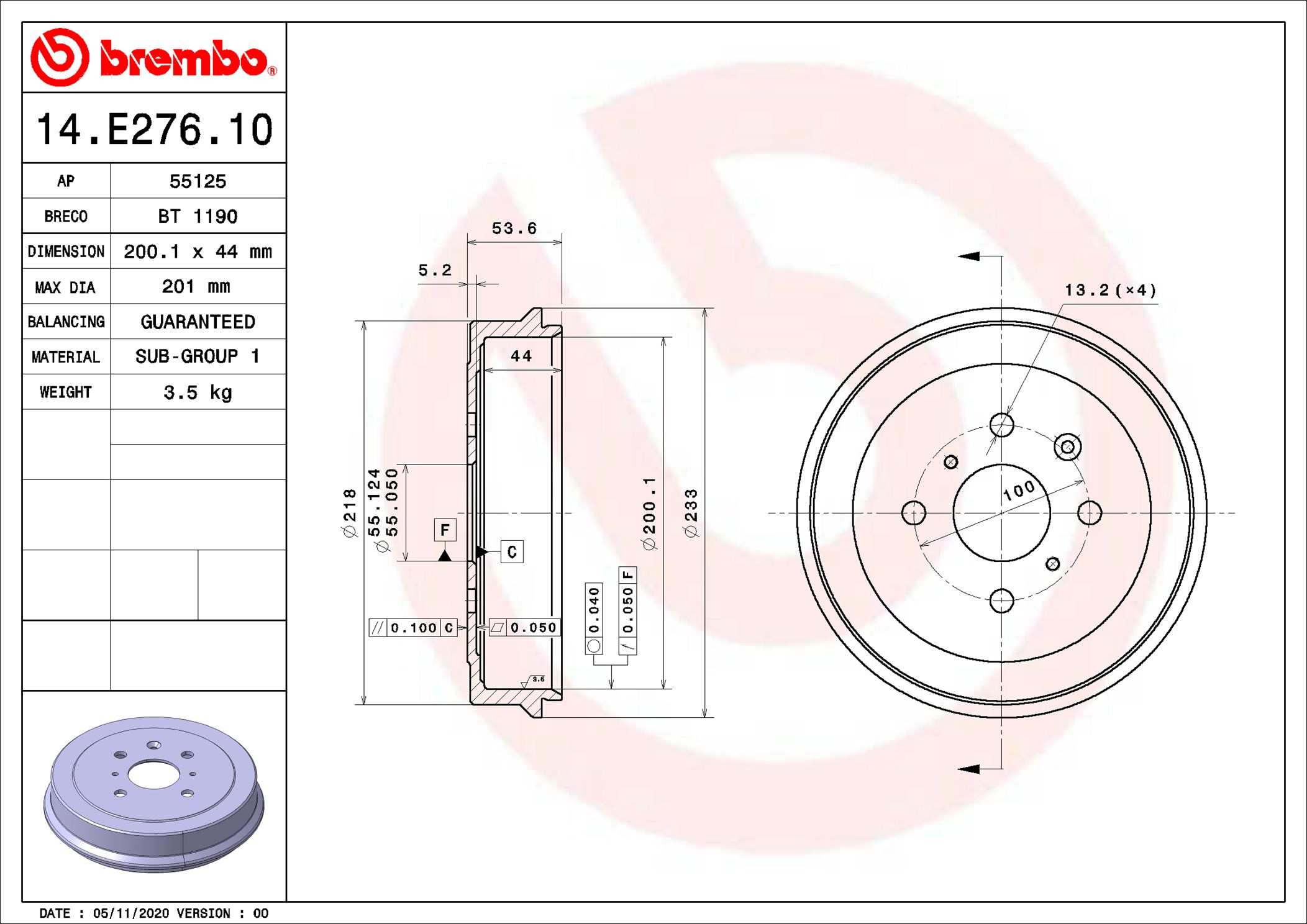 BREMBO Fékdob 14.E276.10_BREMBO