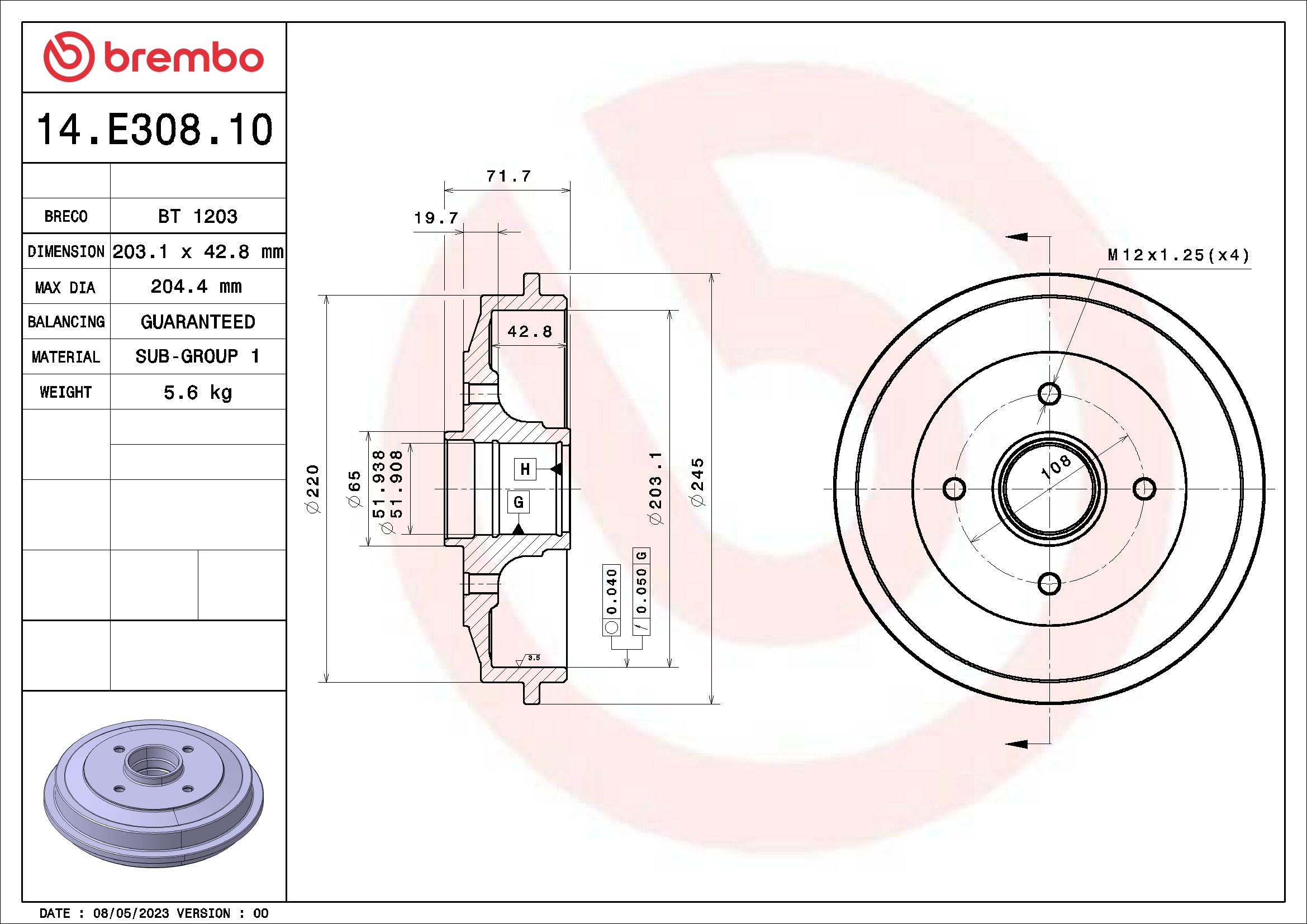 BREMBO Fékdob 14.E308.10_BREMBO