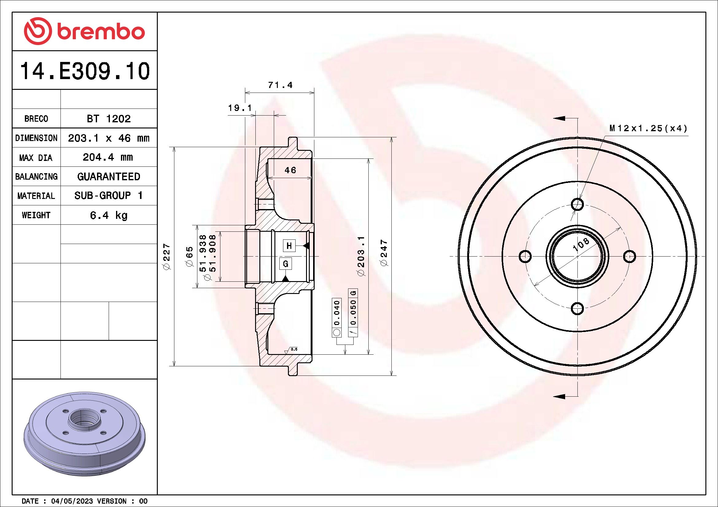 BREMBO Fékdob 14.E309.10_BREMBO