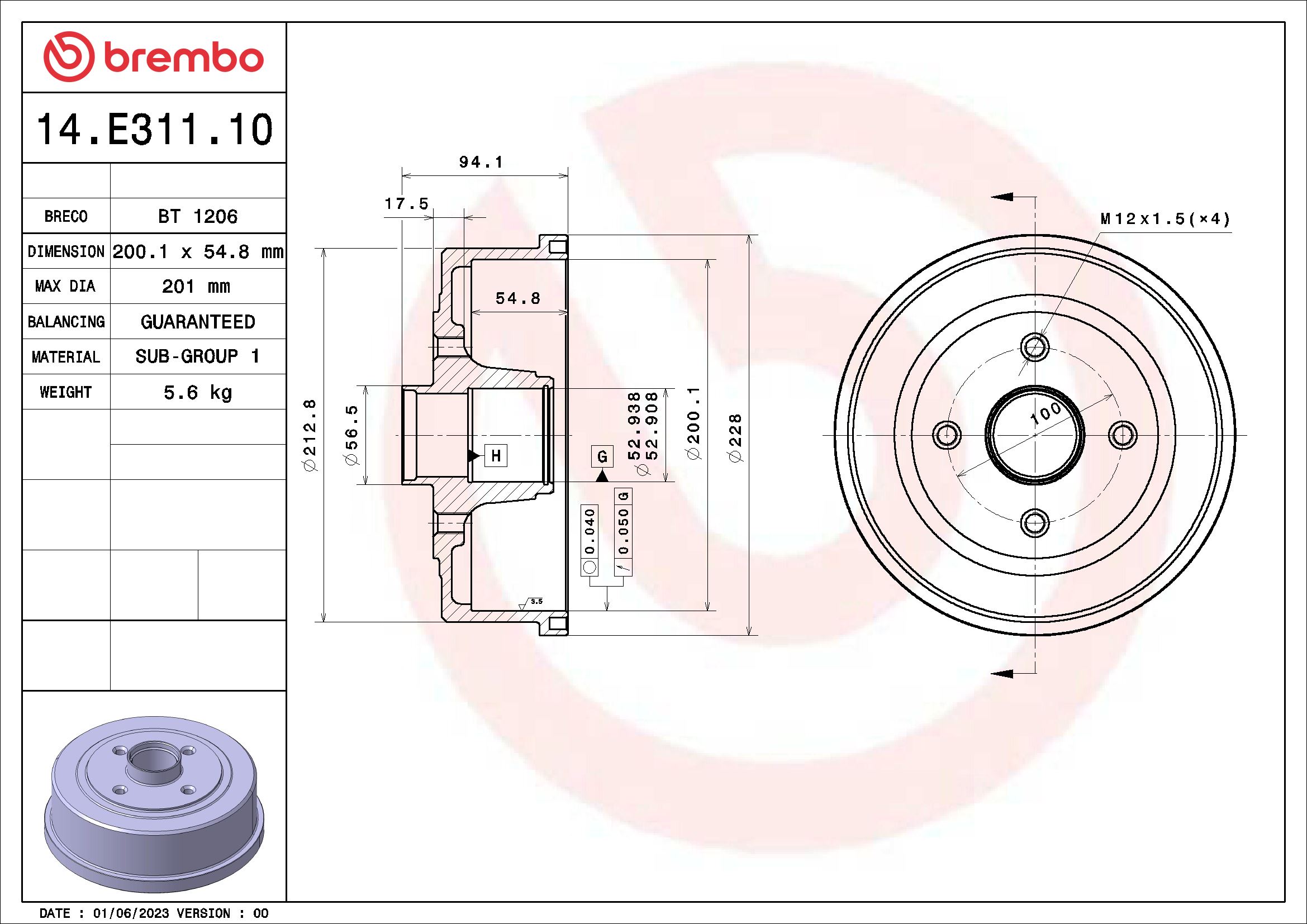 BREMBO Fékdob 14.E311.10_BREMBO