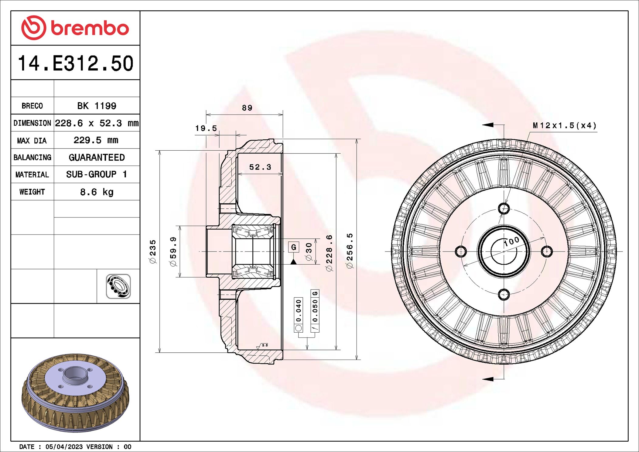 BREMBO Fékdob 14.E312.50_BREMBO