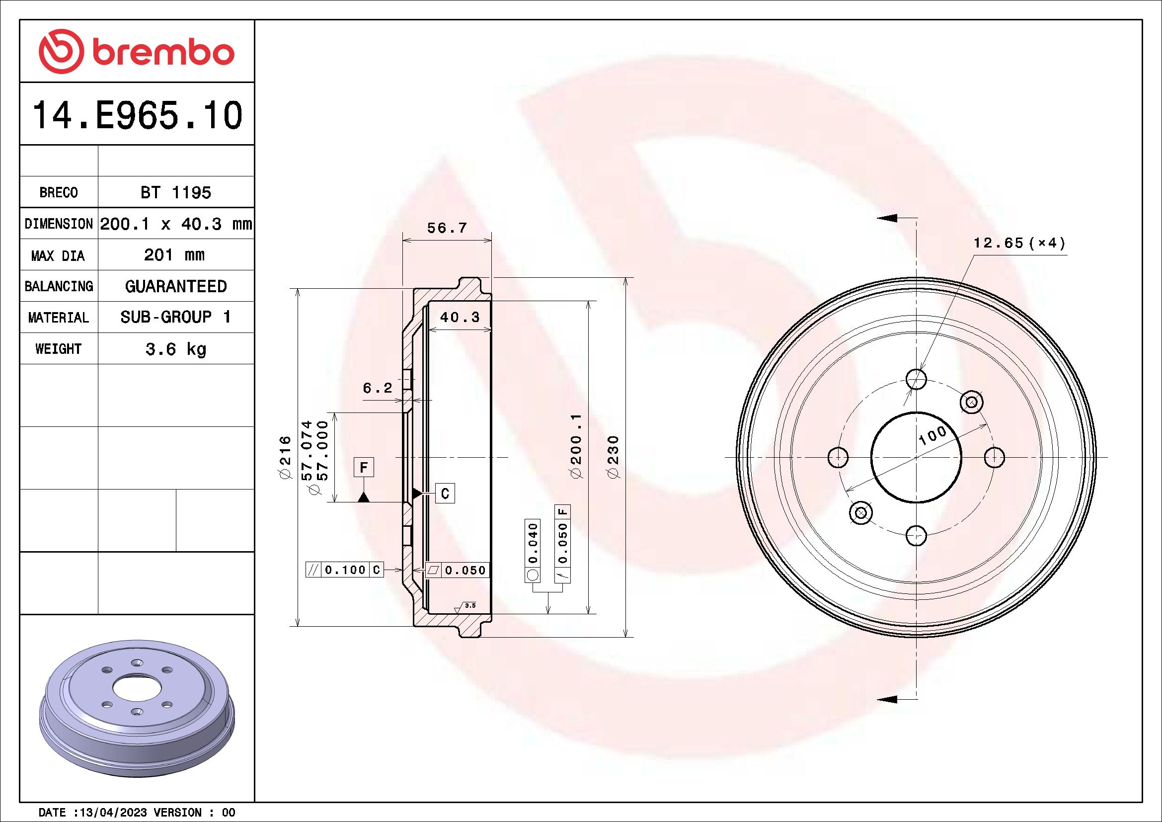 BREMBO Fékdob 14.E965.10_BREMBO