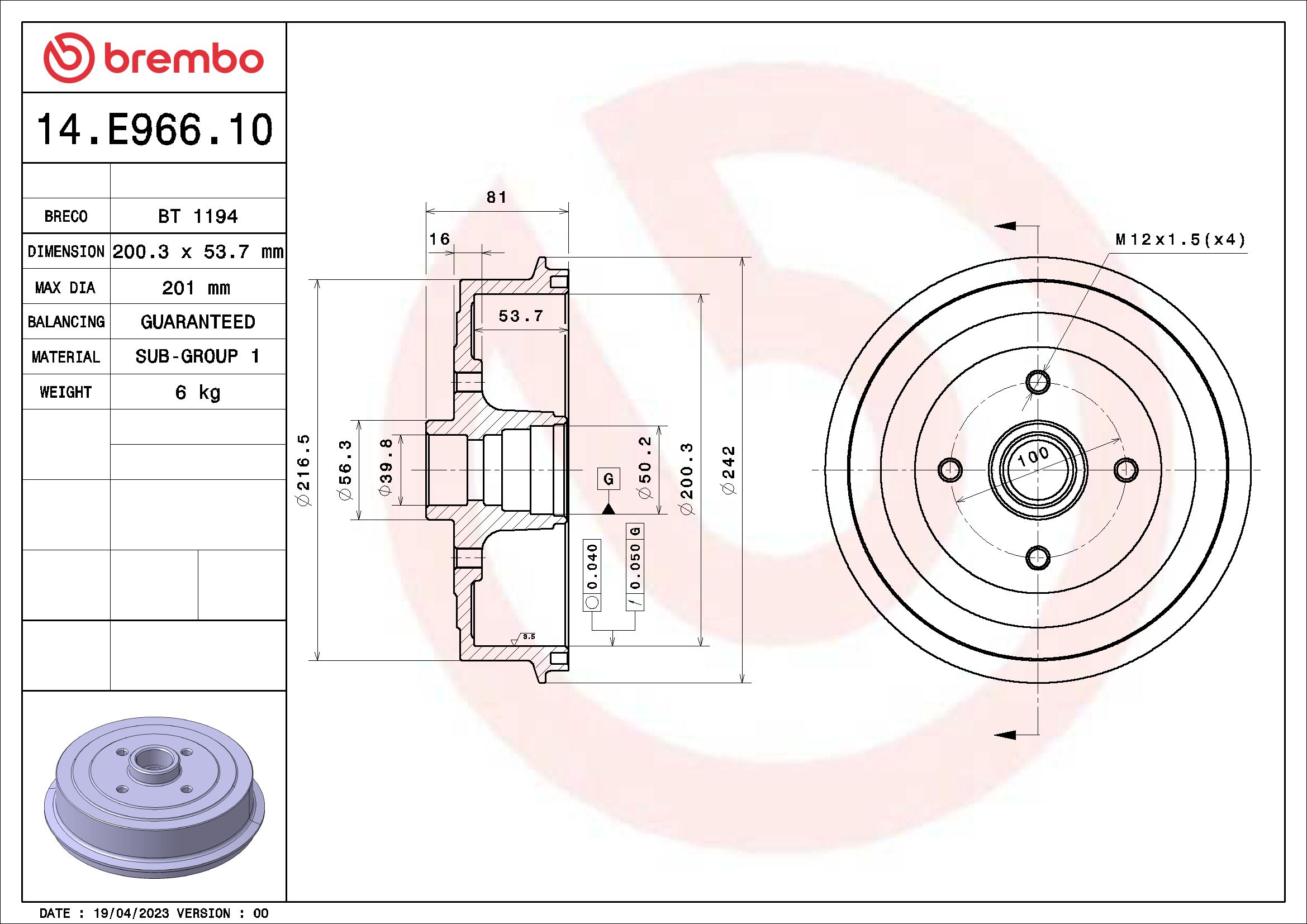 BREMBO Fékdob 14.E966.10_BREMBO