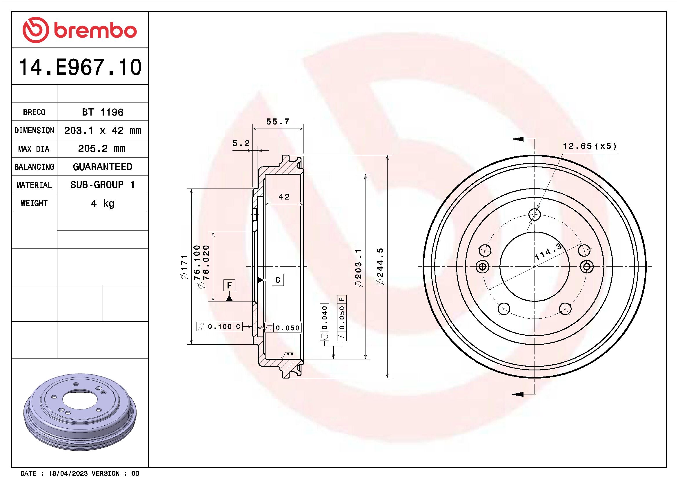 BREMBO Fékdob 14.E967.10_BREMBO