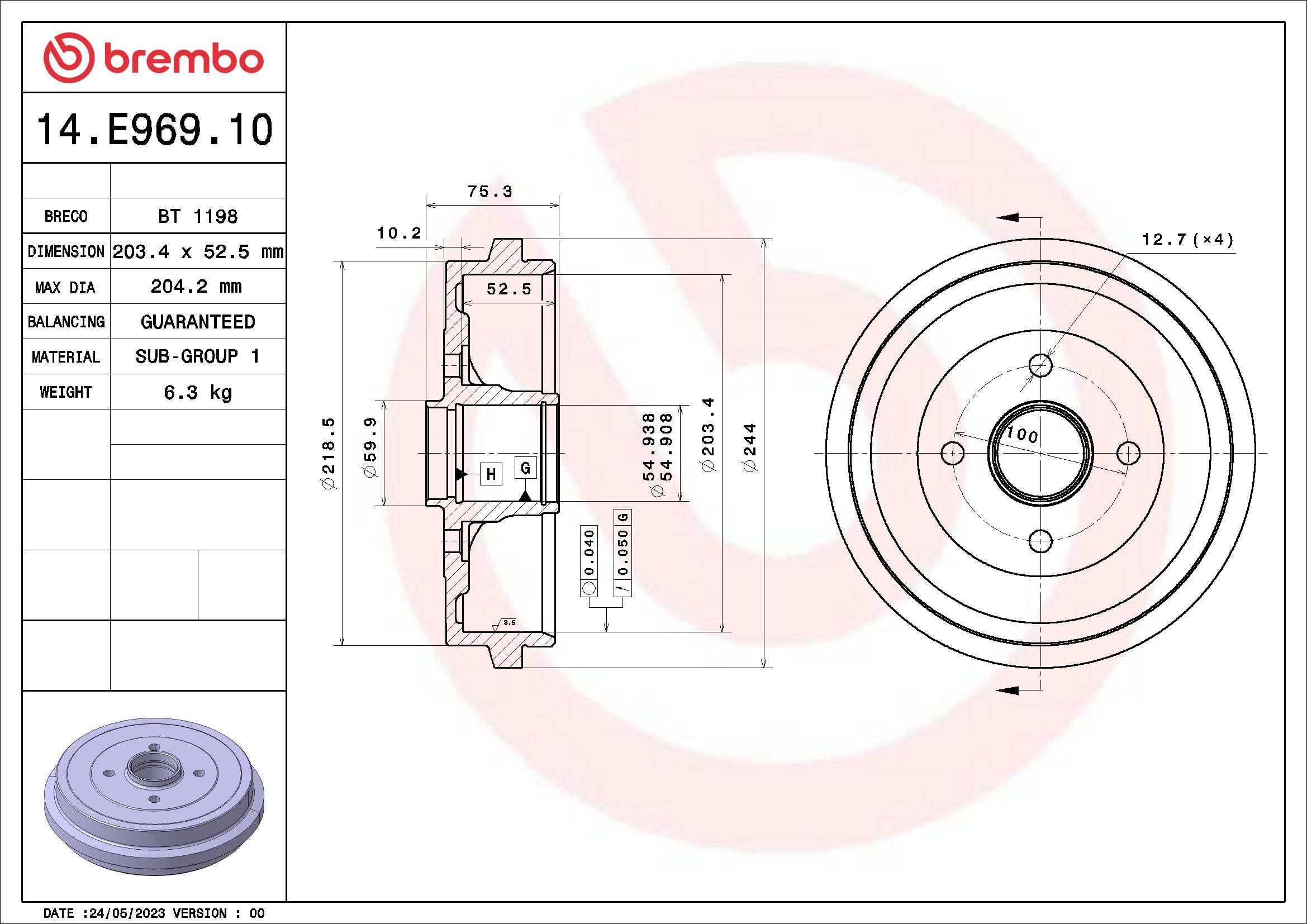 BREMBO Fékdob 14.E969.10_BREMBO