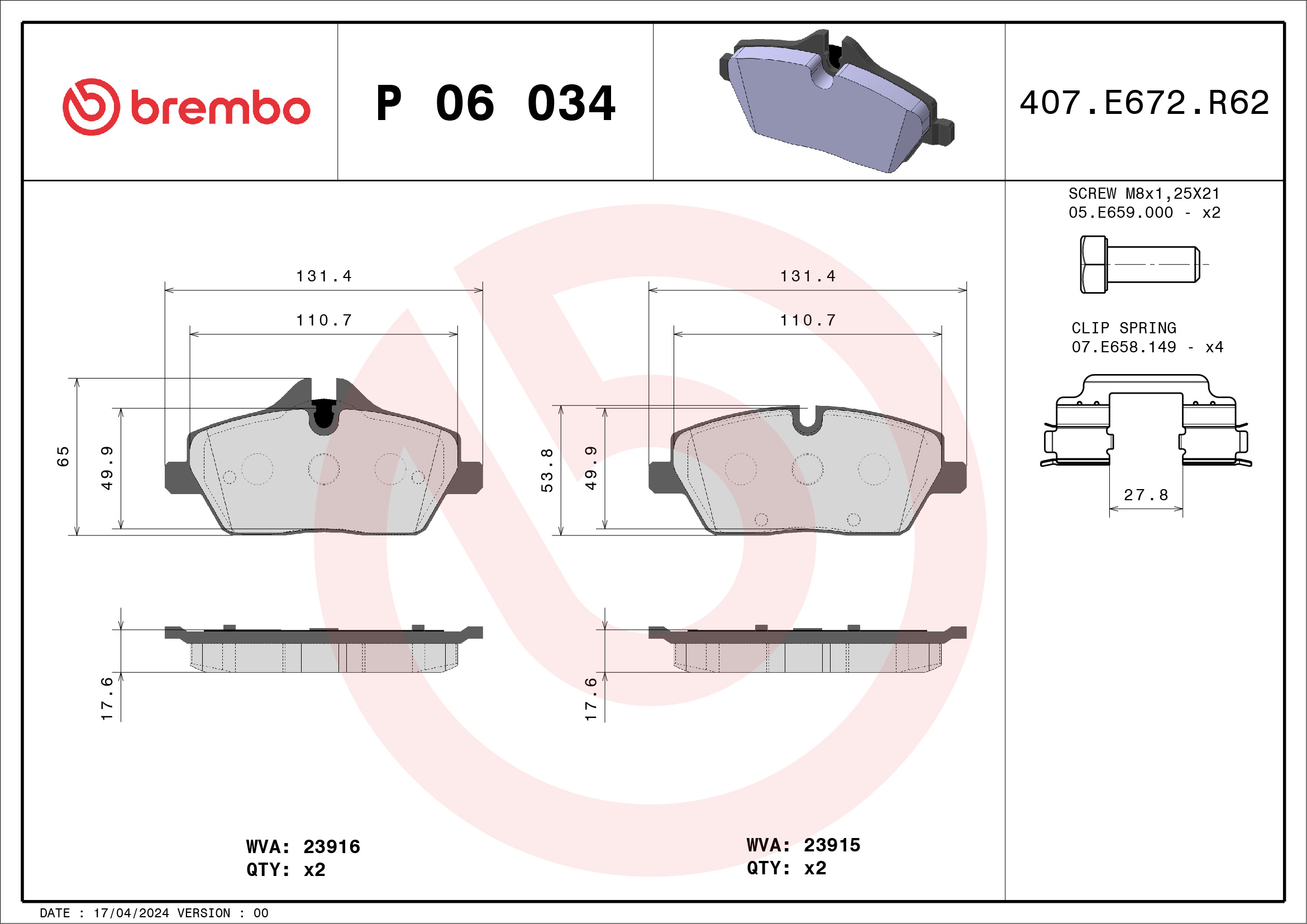 BREMBO Első fékbetét P06034_BREMBO