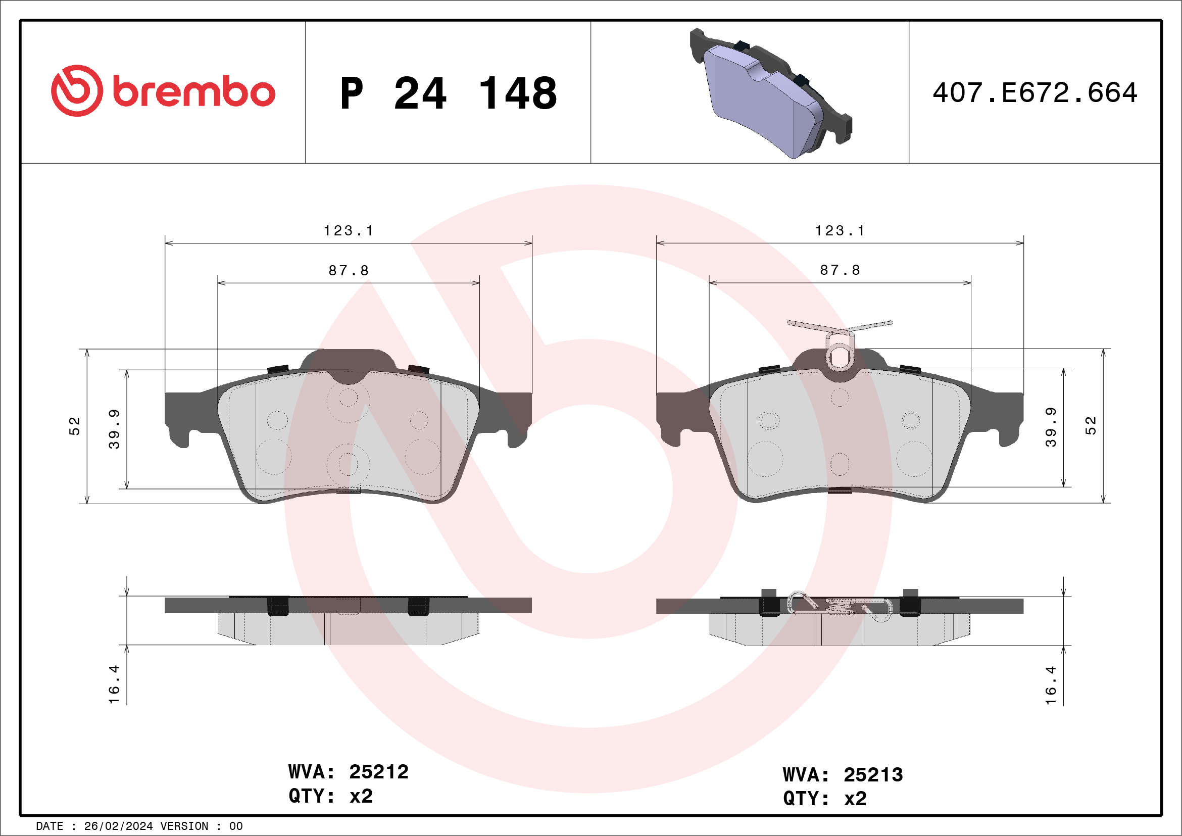 BREMBO P24148_BREMBO Hátsó fékbetét