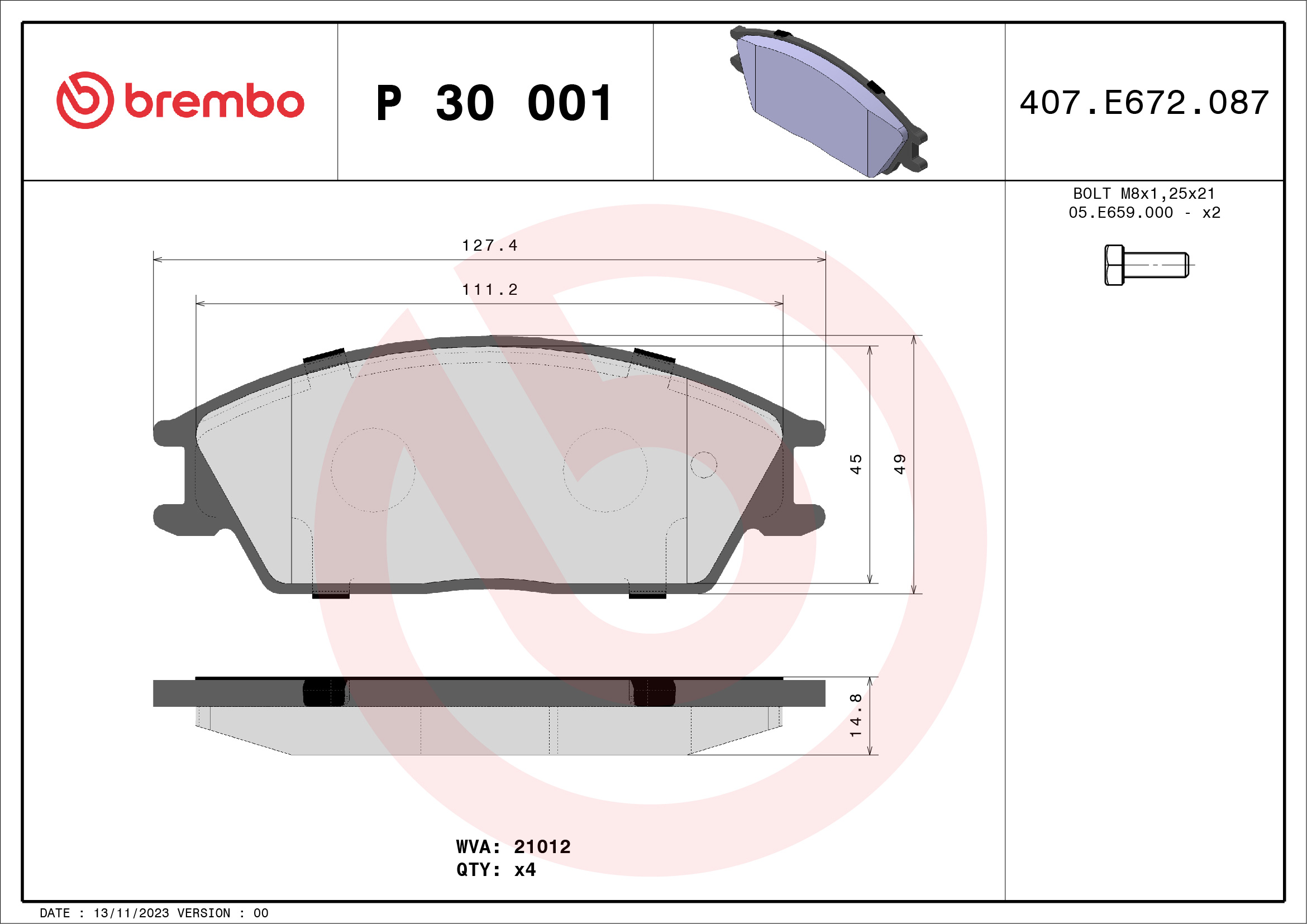 BREMBO Első fékbetét P30001_BREMBO