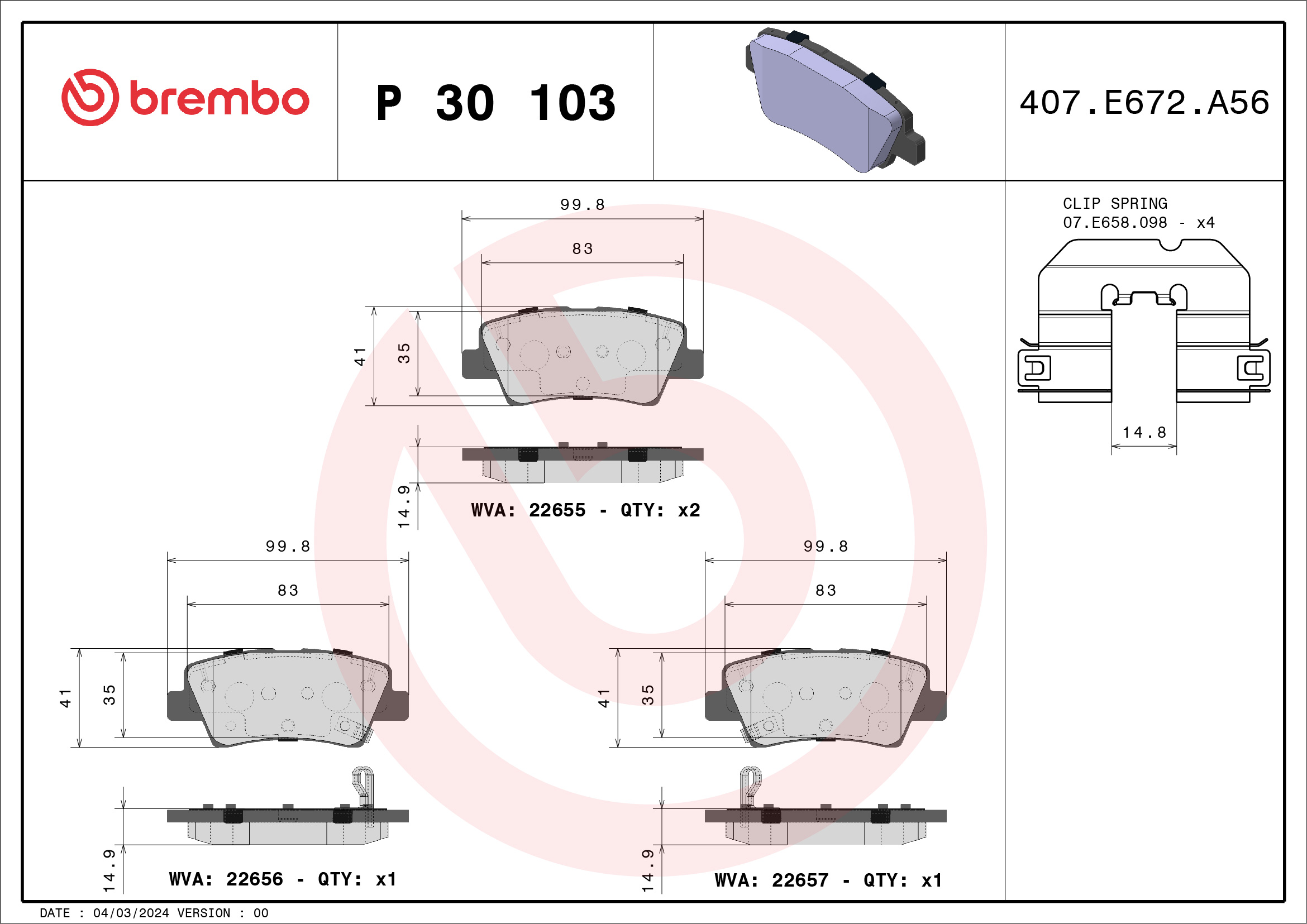 BREMBO Fékbetét, mind P30103_BREMBO