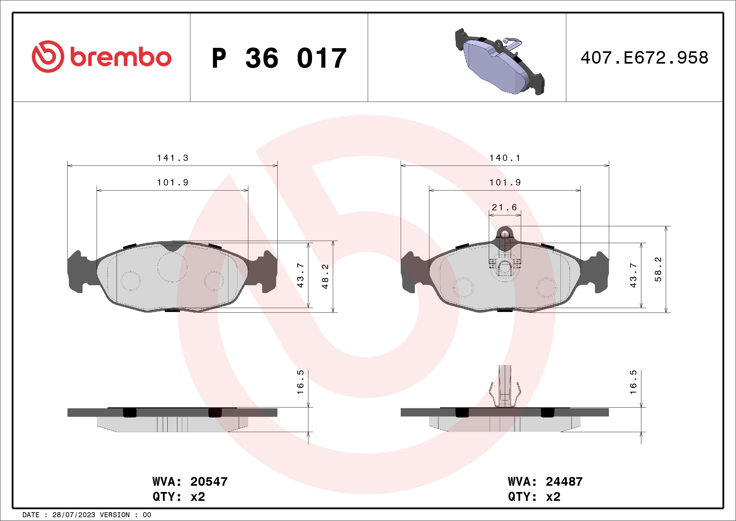 BREMBO P36017_BREMBO Hátsó fékbetét