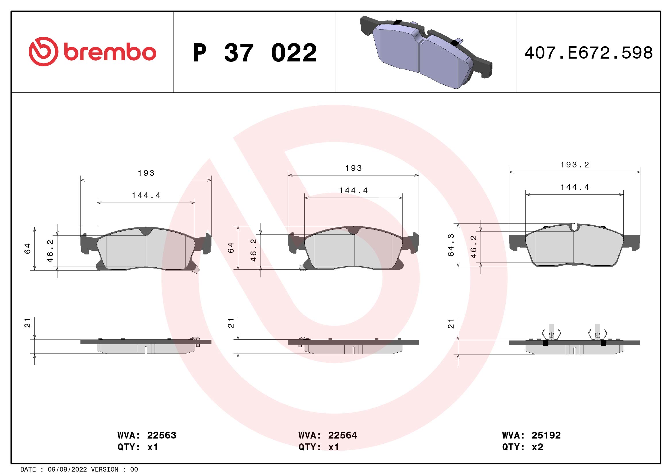 BREMBO Fékbetét, mind P37022_BREMBO