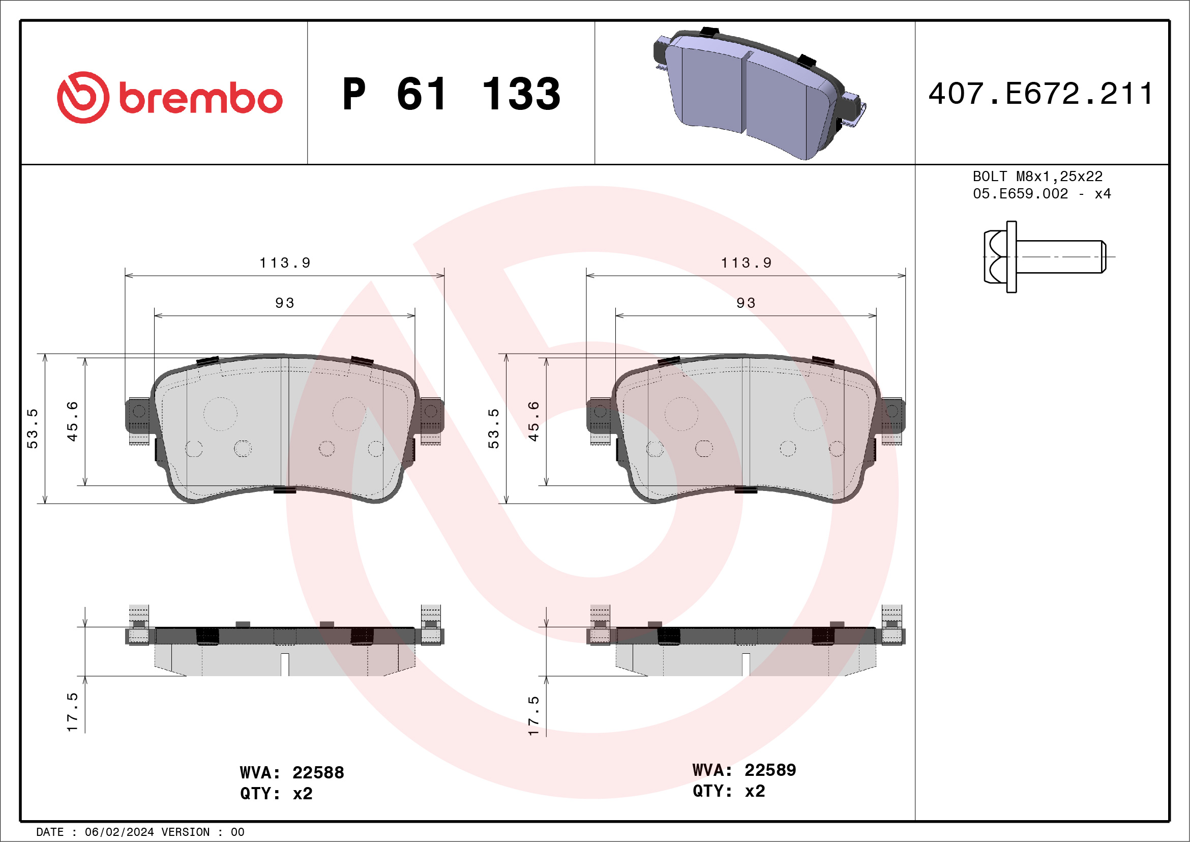 BREMBO Hátsó fékbetét P61133_BREMBO