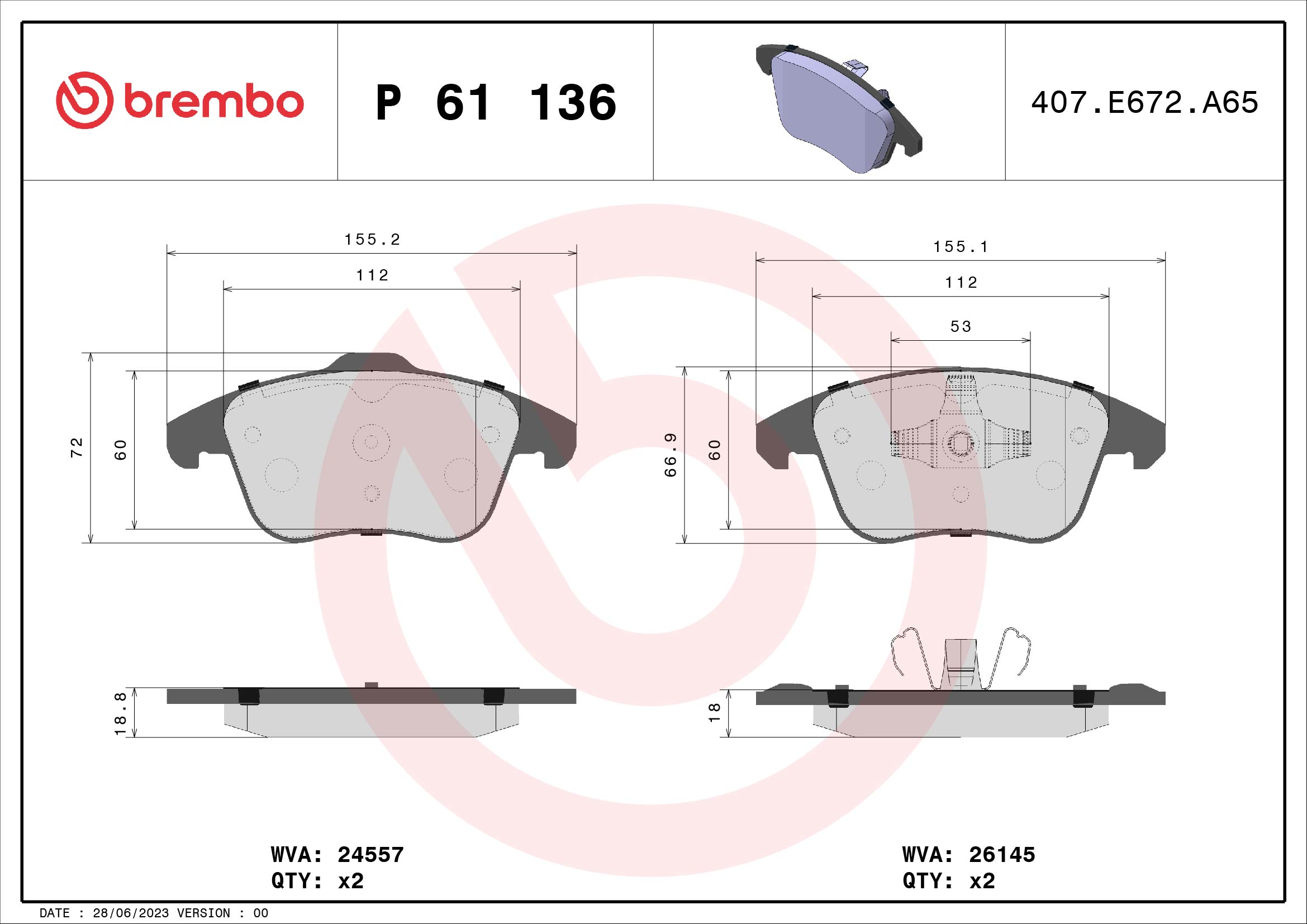 BREMBO Fékbetét, mind P61136_BREMBO