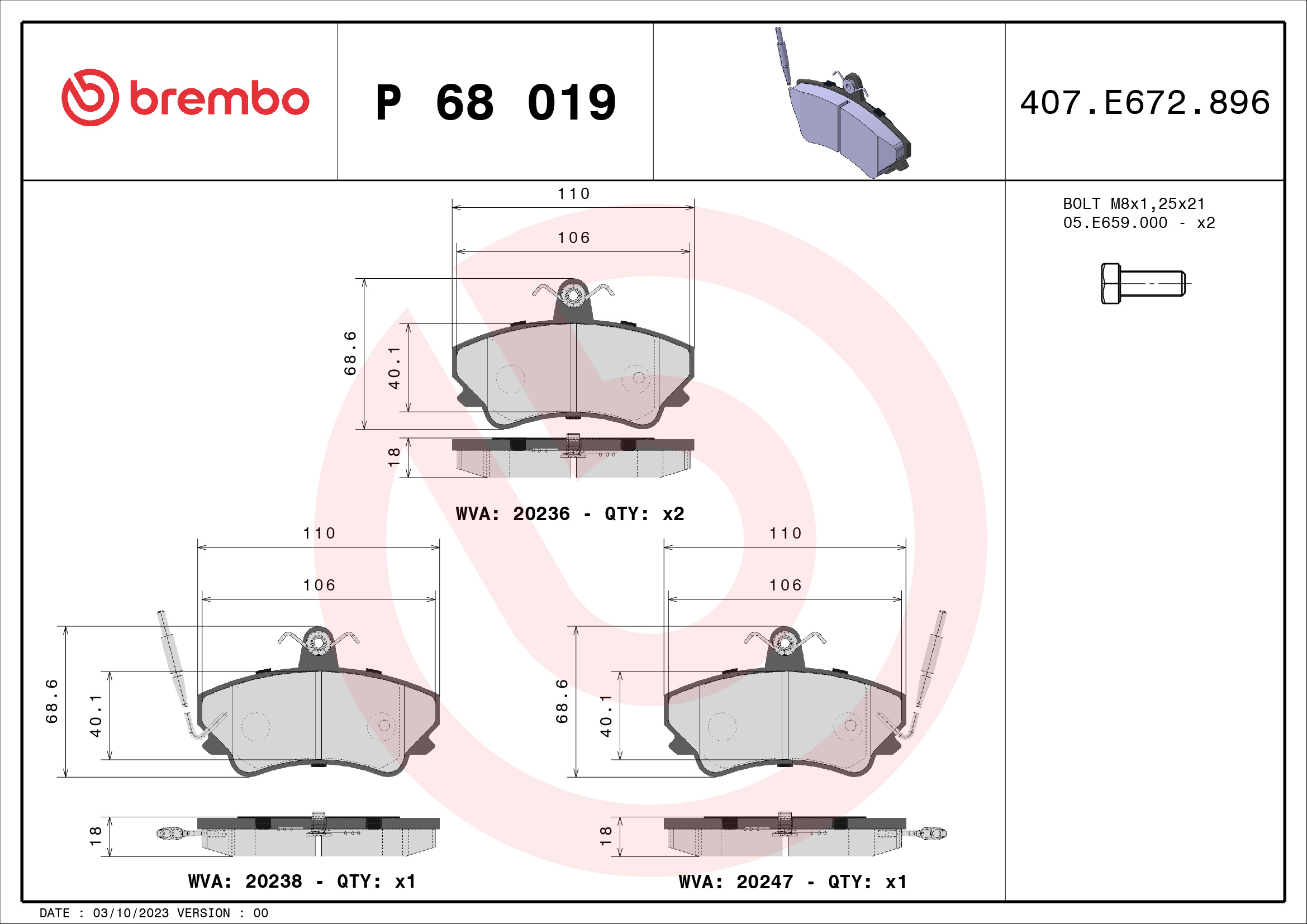 BREMBO Első fékbetét P68019_BREMBO