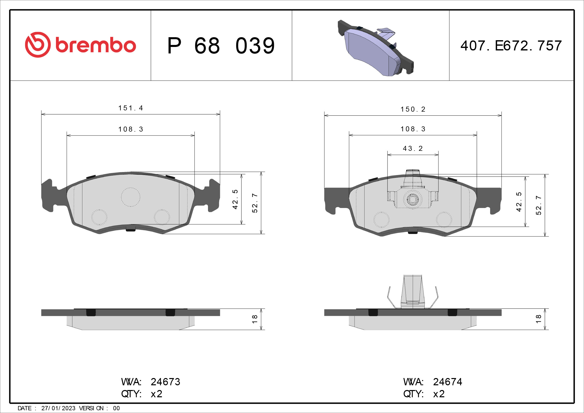 BREMBO Első fékbetét P68039_BREMBO