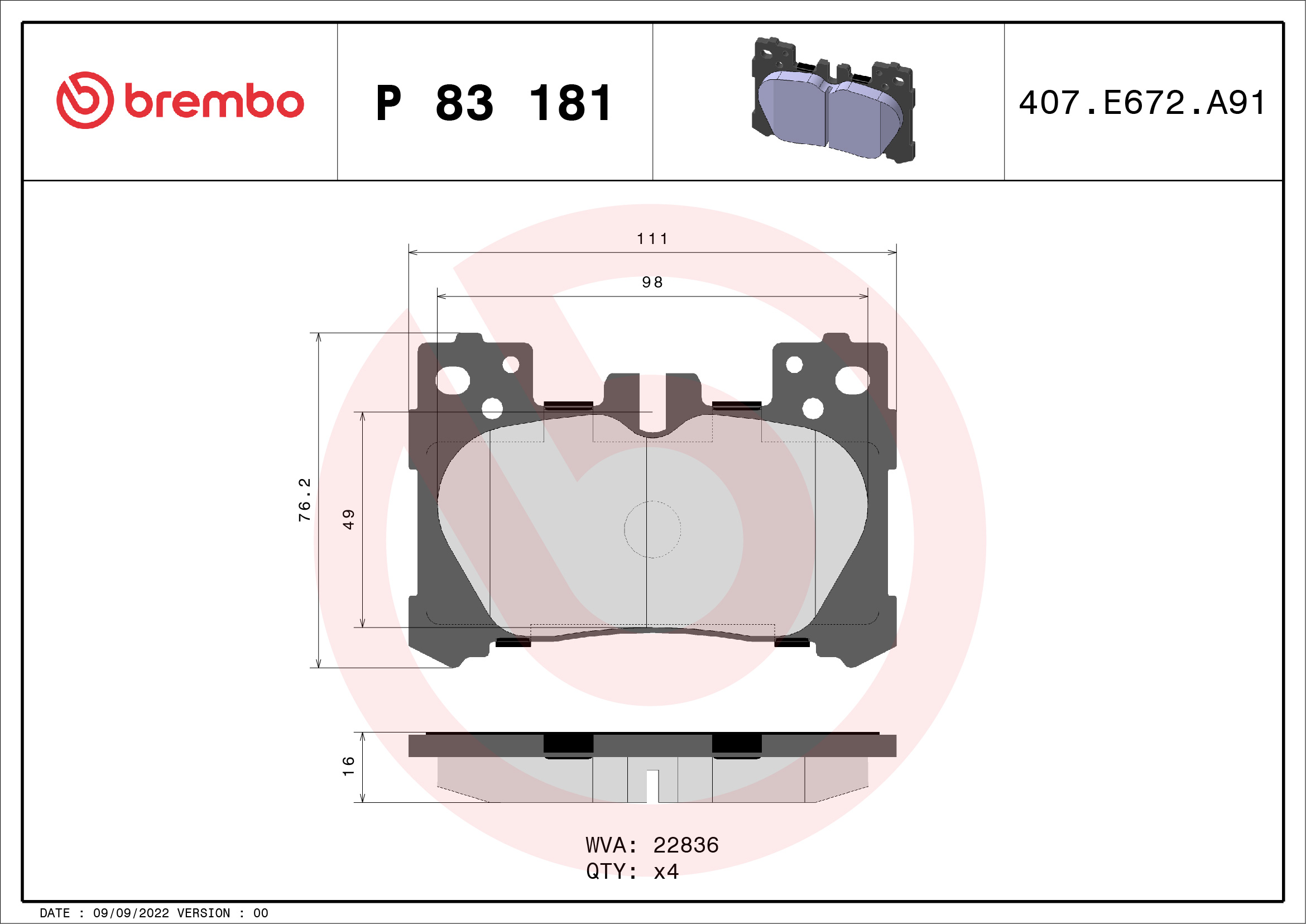 BREMBO Fékbetét, mind P83181_BREMBO